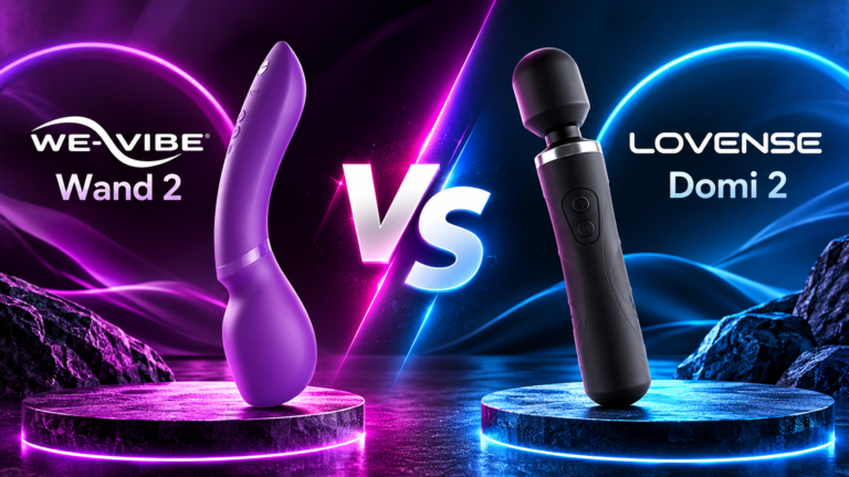 We-Vibe Wand 2 vs Lovense Domi 2 comparison featuring both app-controlled wands