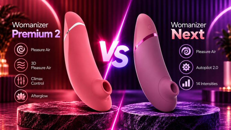 Womanizer Next vs Premium 2 comparison featuring both Pleasure Air clitoral stimulators