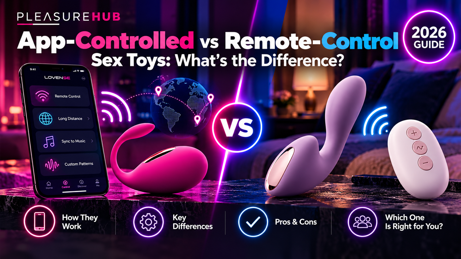 App-controlled vs remote-control sex toys comparison showing smartphone app and physical remote control options