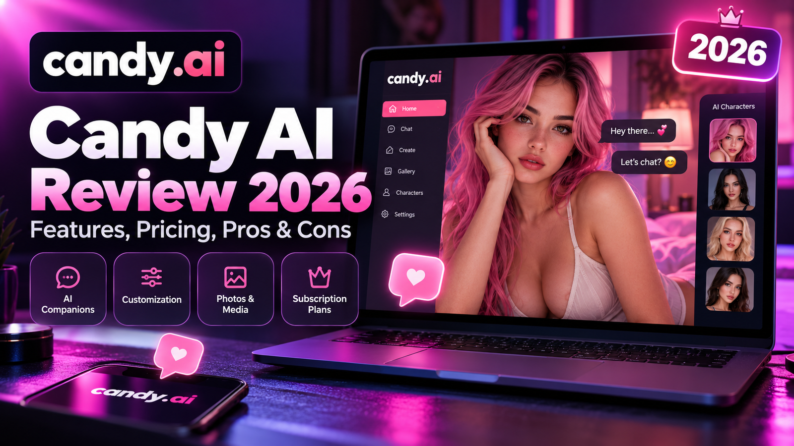 Candy AI Review 2026 featured image showing AI companion chat interface, customization features, pricing and pros and cons.