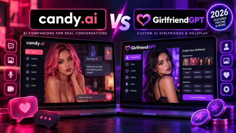 Candy AI vs GirlfriendGPT 2026 comparison featuring AI companion chat, custom character creation, roleplay, voice, image and video features.
