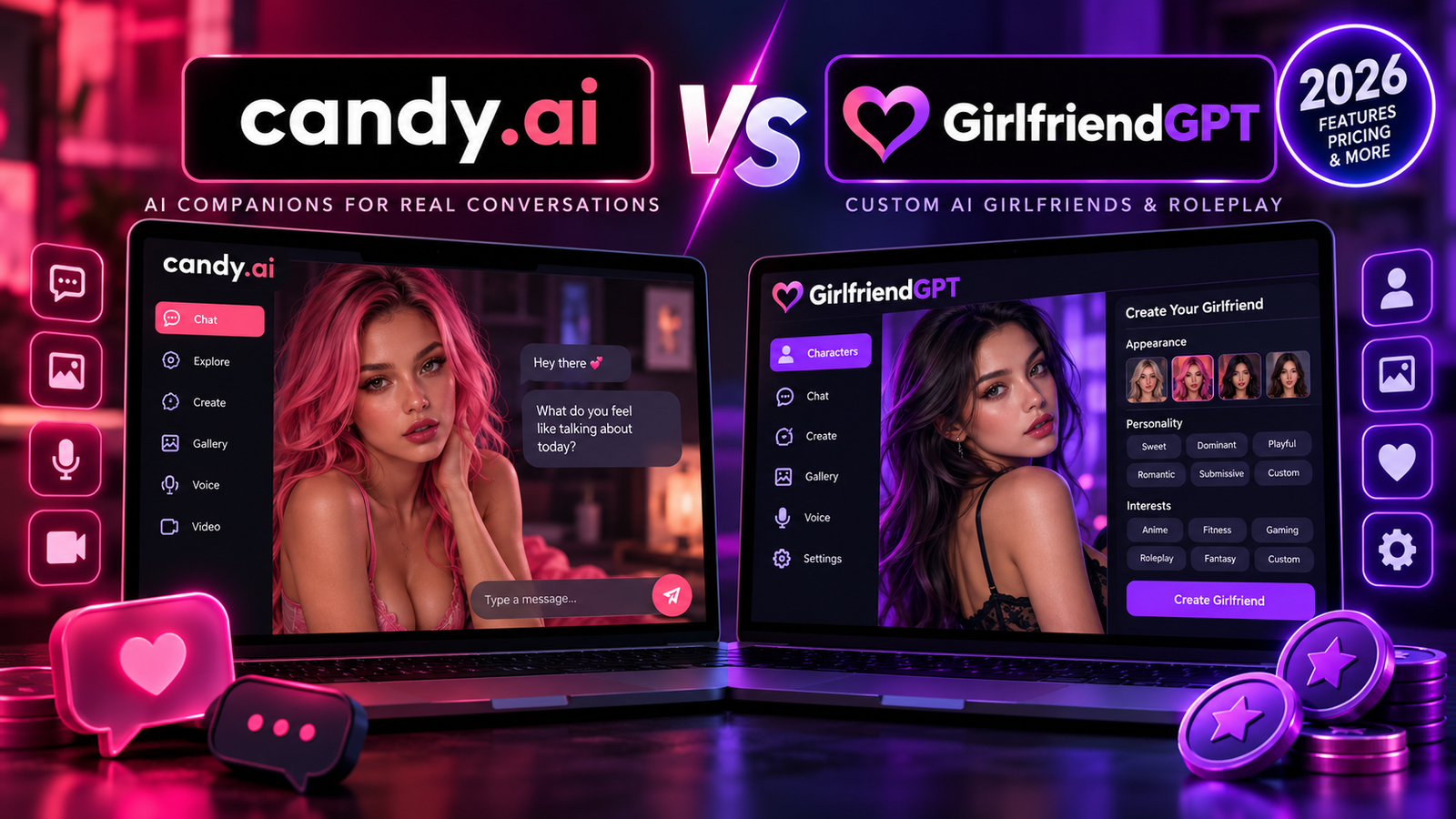 Candy AI vs GirlfriendGPT 2026 comparison featuring AI companion chat, custom character creation, roleplay, voice, image and video features.