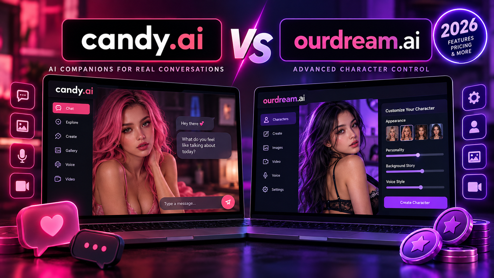 Candy AI vs OurDream AI 2026 comparison featuring AI companion chat, character customization, image and video features, and pricing.
