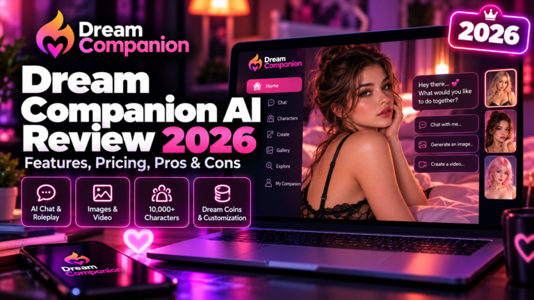 Dream Companion AI Review 2026 featured image showing AI companions, character customization, AI chat and roleplay, image and video generation, and the Dream Coins system.