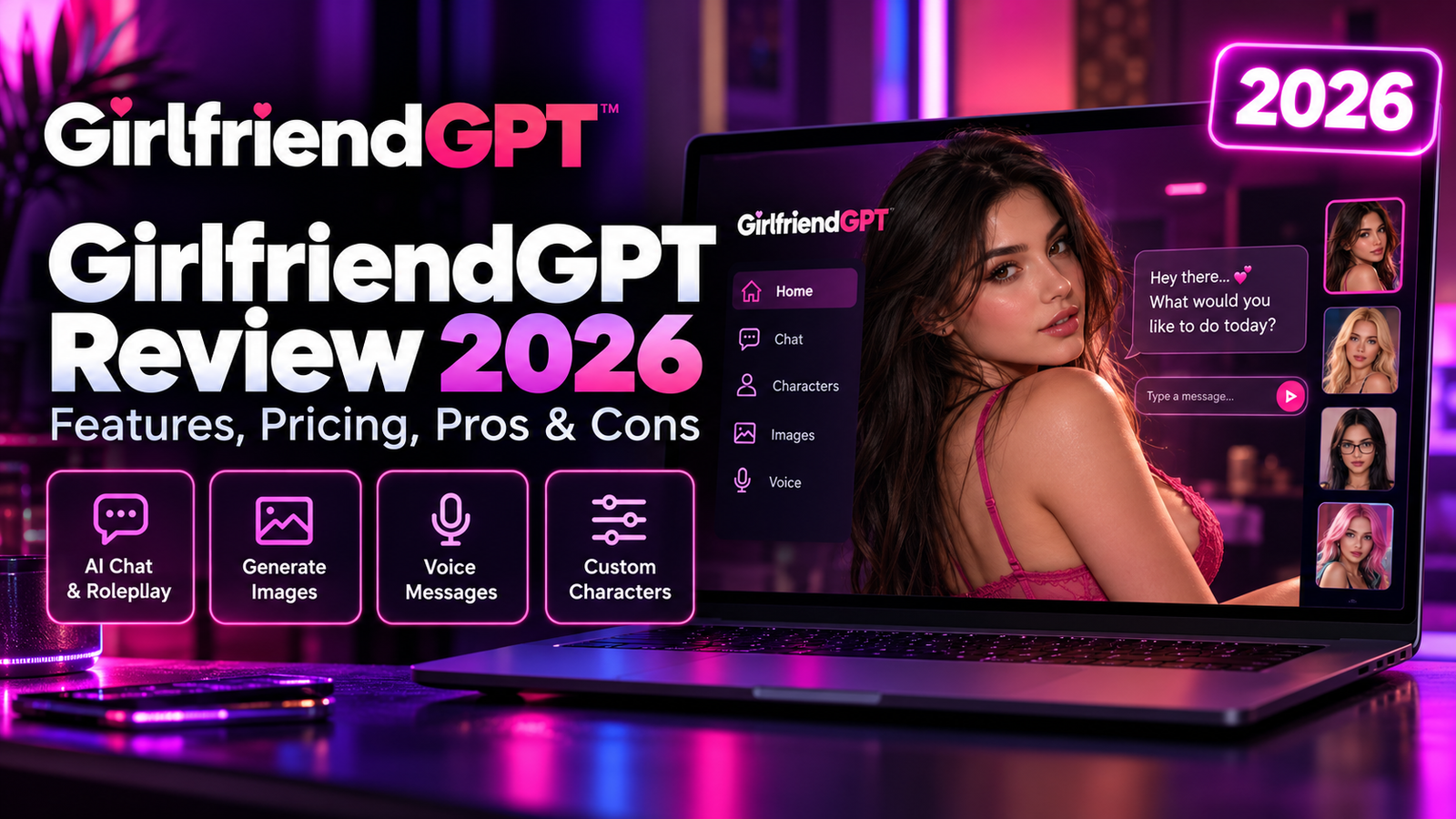 GirlfriendGPT Review 2026 featured image showing an AI companion chat interface, character customization, AI image generation, voice messaging, and roleplay features.