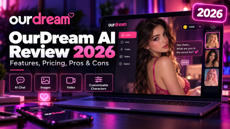 OurDream AI Review 2026 featured image showing an AI companion chat interface, customizable characters, image and video features, and subscription options.