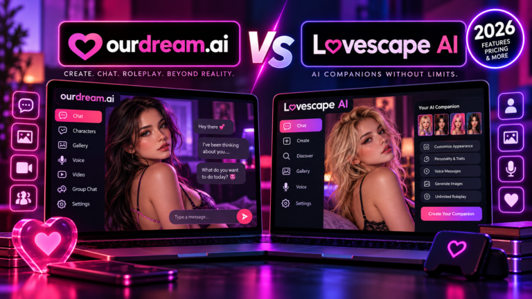 OurDream AI vs Lovescape AI 2026 comparison featuring AI companions, character customization, roleplay, chat, voice, image and video features.