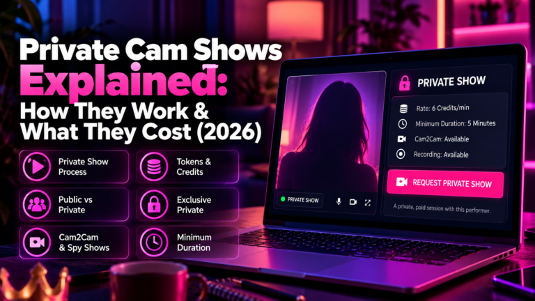 Private cam shows explained in 2026 covering pricing, tokens and credits, minimum duration, exclusive private, Cam2Cam and spy shows