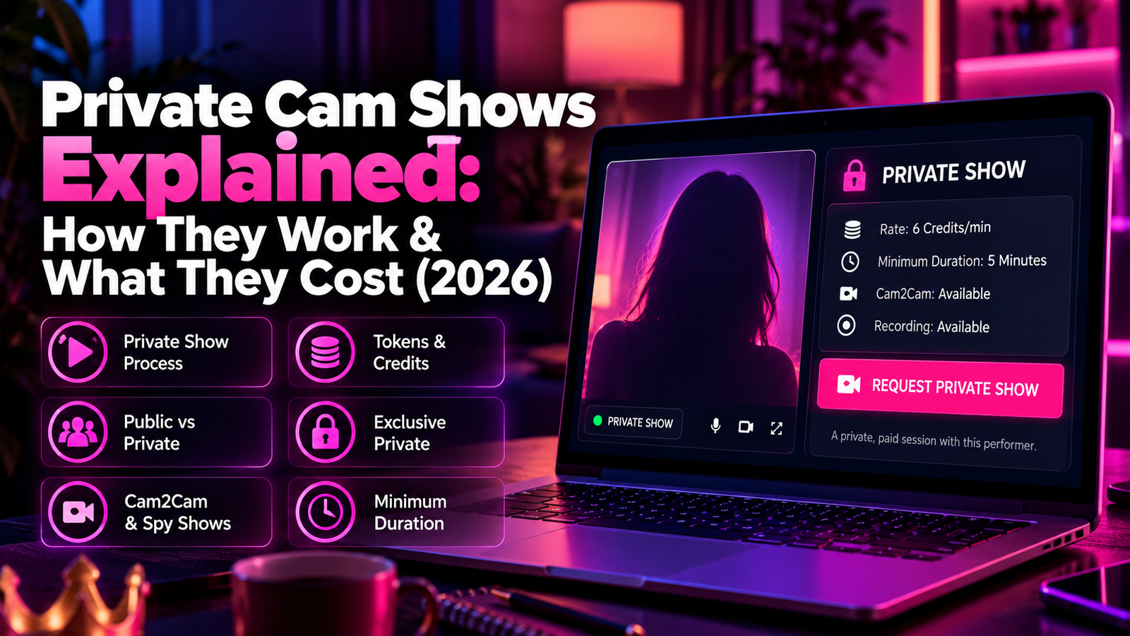 Private cam shows explained in 2026 covering pricing, tokens and credits, minimum duration, exclusive private, Cam2Cam and spy shows