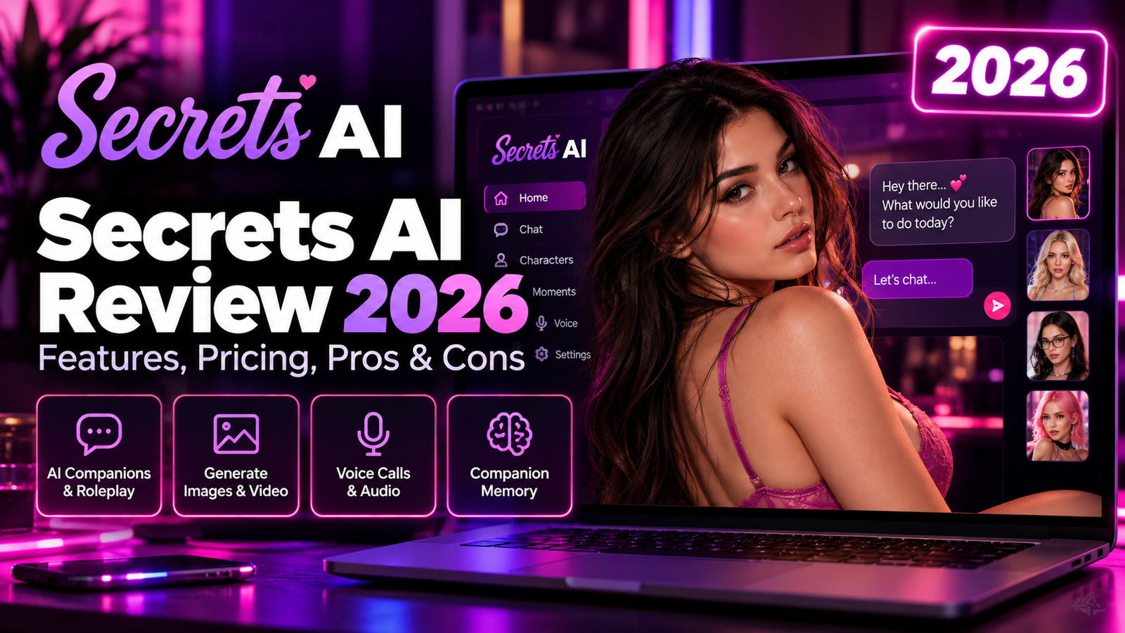 Secrets AI Review 2026 featured image showing AI companion chat, character customization, image and video generation, voice calls, and companion memory features.